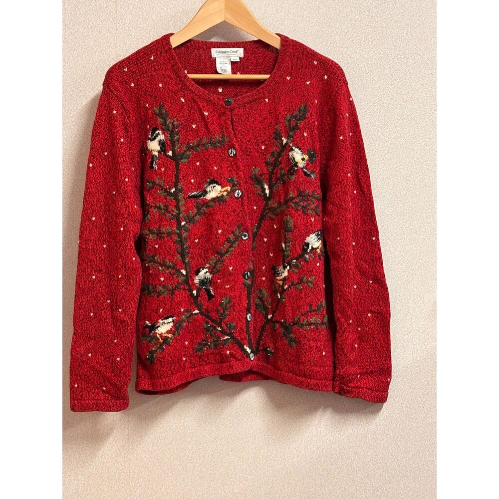 Coldwater Creek XL Red Chickadee Bird Embroidered Cardigan Christmas Winter